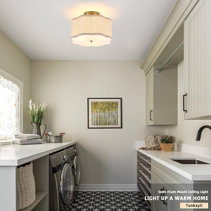 12.89" Semi Flush Mount Ceiling Light Modern 3-Lights Gold Drum Ceiling Light Fixture with Fabric Linen Shade, Vintage Modern Ceiling Lighting for Laundry Room, Kitchen, Basement, Bedroom