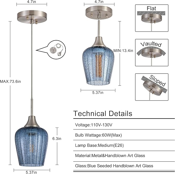 Viinew Mini Glass Pendant Light,5.4" Tulip Flower Shape Dark Blue Glass Hanging Light,1-Pack Handblown Clear Blue Seeded Shade Adjustable Cord Ceiling Light Fixture for Kitchen Island Sink