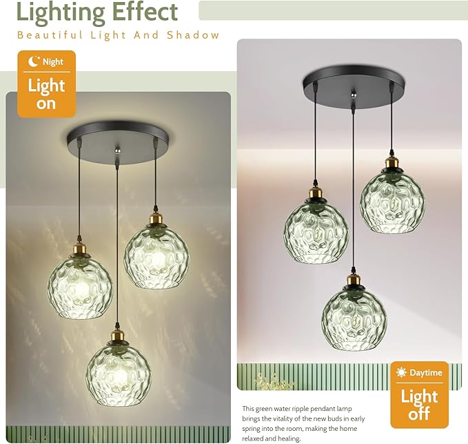 3-Light Pendant Lighting Green Hammered Glass Kitchen Light Fixtures Ceiling Hanging Kitchen Lights Over Island Mid Century Modern Globe Cluster Chandelier Black and Gold for Dining Room