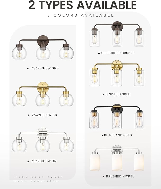 zeyu 23 Inch Bathroom Wall Light Fixtures, 3-Light Vanity Lighting Fixture, Brushed Nickel Finish with Clear Glass Globe Shade, ZS62BG-3W BN