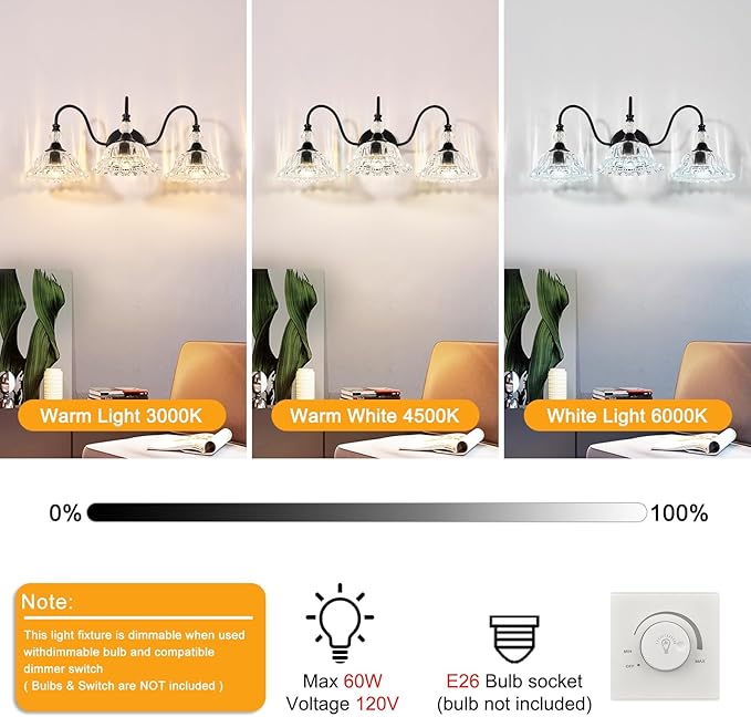 Vintage Bathroom Vanity Light Fixtures 3 Lights Matte Black Vanity Lights for Bathroom with Floral Crystal Glass Shades Wall Lighting Fixtures Over Mirror(Exclude E26 Bulb)