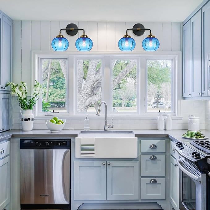 Bathroom Light fixtures Over Mirror Mid Century Vanity Light with Blue Ribbed Glass Shade Globe Wall Sconce 2-Lights Modern Vanity Lights for Dining Room Bedroom Hallway Overhead