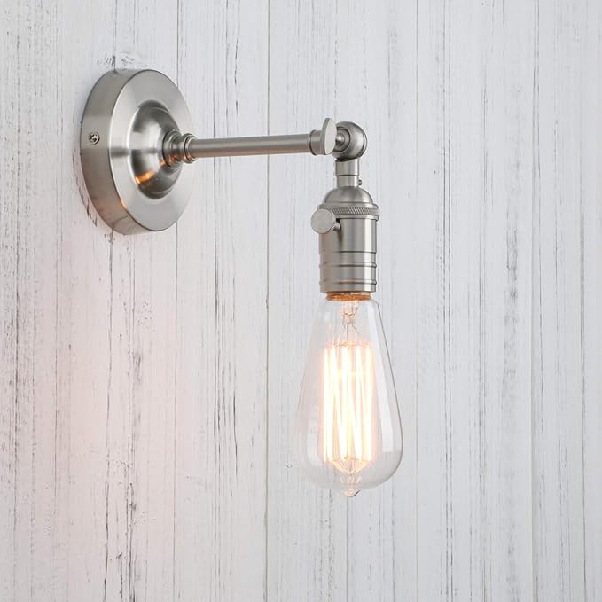 PERMO Vintage Industrial Pole Wall Mount Mini Single Sconce Metal Wall Sconces Fixture (Brushed)