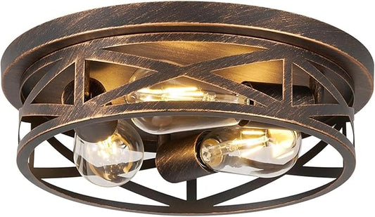 1 Pack Flush Mount Ceiling Light, 3-Light Close to Ceiling Light Fixtures, 13 Inch Farmhouse Cage Style Ceiling Lights for Bedroom, Living Room, Porch Kitchen (Black + Gold)