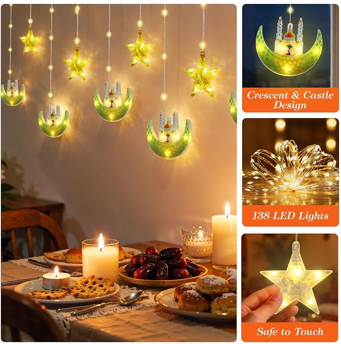 Lewondr Ramadan Curtain String Lights, 138 LED Moon Castle Star Fairy Lights with 6H Timer, 8 Modes, Remote Control, USB Powered Curtain String Light, Eid Mubarak Decorations for Ramadan Home, Green