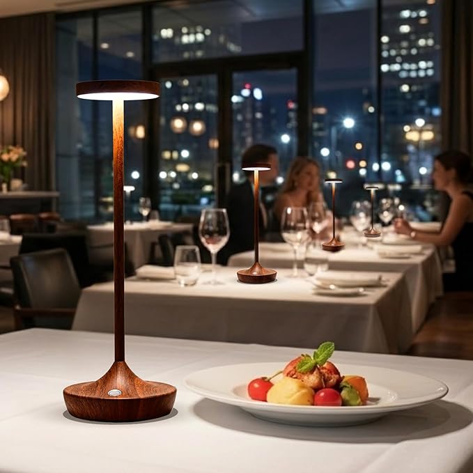 Rechargeable Cordless Table Lamp, 6000mAh Battery Powered LED Desk Lamp, Portable Metal Touch Lamp with 3-Level Dimming, Waterproof Outdoor Light for Patio, Restaurant, Dining (2 Woodgrain)