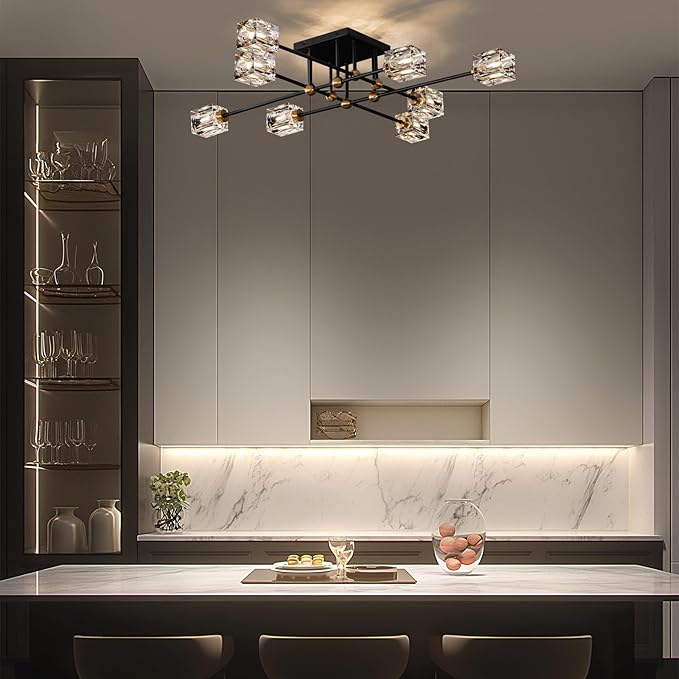 8-Light Crystal Ceiling Light Fixture Black and Gold Semi Flush Mount Ceiling Light Modern Chandeliers for Dining Room Kitchen Island Living Room Bedroom