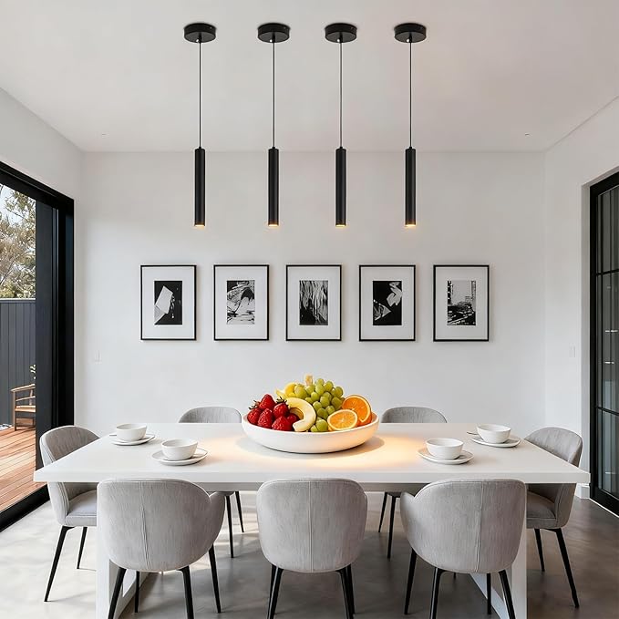 Modern Black Pendant Lights 2 Pack, LED Minimalist Pendant Lighting Fixture for Kitchen Island, Long Tube Hanging Light Cord Adjustable for Living Room Bedroom Dining Room Bar