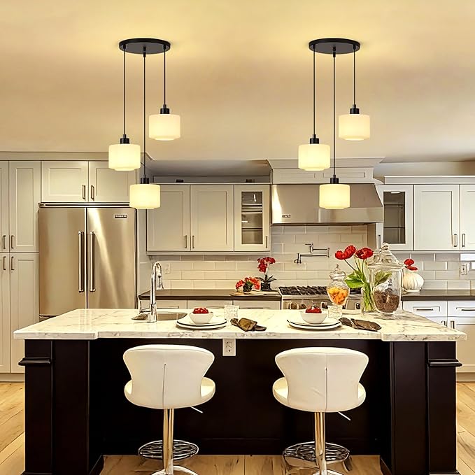 3-Light Pendant Lighting, Black Dining Room Chandelier Light Fixture Over Table with Milk Glass, Modern Cluster Hanging Lights for Kitchen Island Dining Room Sink, OS-YQ8153-3BKW