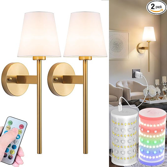 Battery Operated Wall Sconces Set Of 2, Wireless Battery Wall Light With 10000mAh RGB Rechargeable Magnetic Bulb, Rechargeable Wall Sconce With Remote Control For Bedroom, No Electrician Required