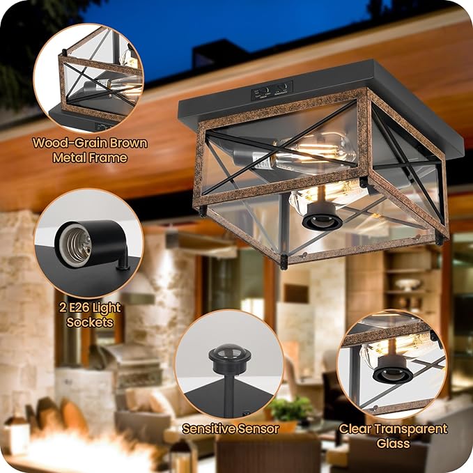 Outdoor Ceiling Light with Motion Sensor, Flush Mount Porch Ceiling Lights Outdoor, 2-Light Farmhouse Metal Close to Ceiling Light Fixture for Patio, Hallway, Garage, Rustic Brown FT09XD05W1