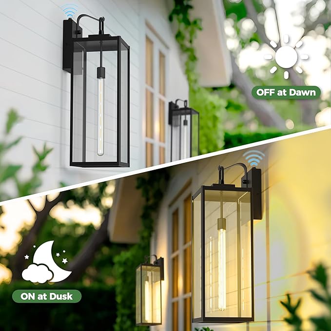 DORESshop 24 Inch Large Size Dusk to Dawn Outdoor Wall Lights, Matte Black Waterproof Anti-Rust Outdoor Light Fixtures Wall Mount with Clear Glass Shade for Porch, with T30 Light Bulbs, 2 Pack