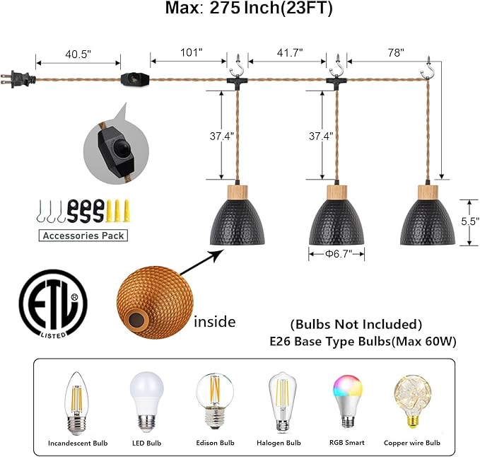3-Light Plug in Pendant Light 22FT Industrial Hanging Lamp with Twisted Hemp Rope Independent Triple Switch Hanging Light Chandelier for Dining Room Kitchen, Black Finish
