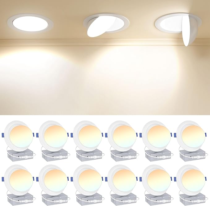 Ensenior 12 Pack 6 inch Gimbal Led Recessed Lighting, 90° Rotatable and 5CCT Selectable, Dimmable Eyeball Recessed Lights, Angled Adjustable Ceiling Downlight, 1200LM, 12W=115W-ETL&FCC Certified