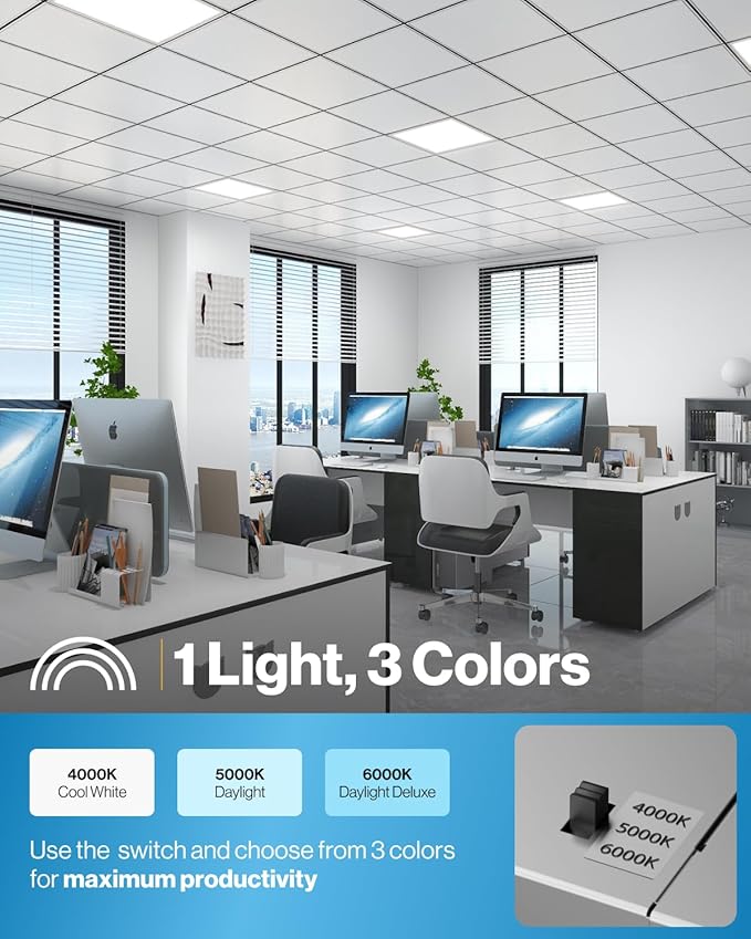 Sunco 12 Pack 2x2 LED Flat Panel Light for Drop Ceiling, Commercial Troffer Replacement Lighting Fixture, 4400 LM, 40W, Selectable CCT 4000K/5000K/6000K, Dimmable (0-10V), Dustproof ETL.