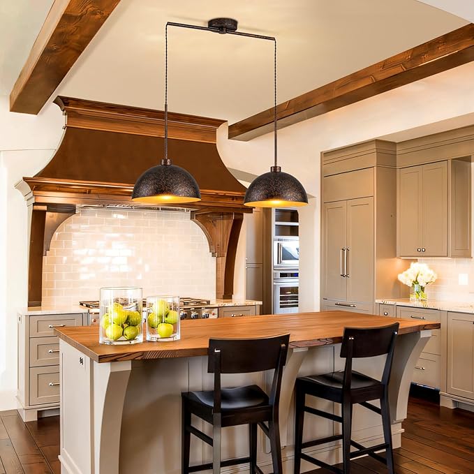 2 Light Copper Pendant Lights Kitchen Island, Farmhouse Dome Pendant Light Fixture with Metal Shade Adjustable Cord for Dining Room, Over Table