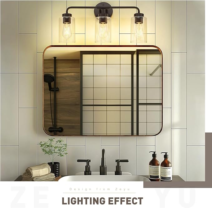 zeyu 3-Light Farmhouse Bathroom Light Fixtures, 22 Inch Bathroom Vanity Light with Clear Glass Shade, Oil Rubbed Bronze Finish, ZS62B-3W ORB