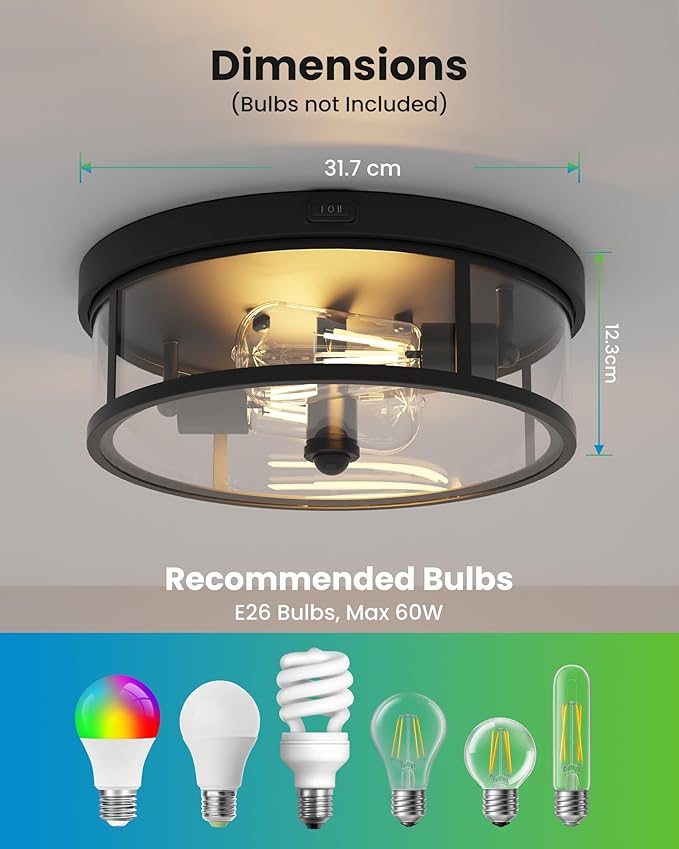 Outdoor Flush Mount Ceiling Light - 12.5in Motion Sensor Porch Light, 2-Light E26 Socket, Durable Iron & Clear Glass, Light Fixtures for Porch, Driveway, Covered Patio, Farmhouse