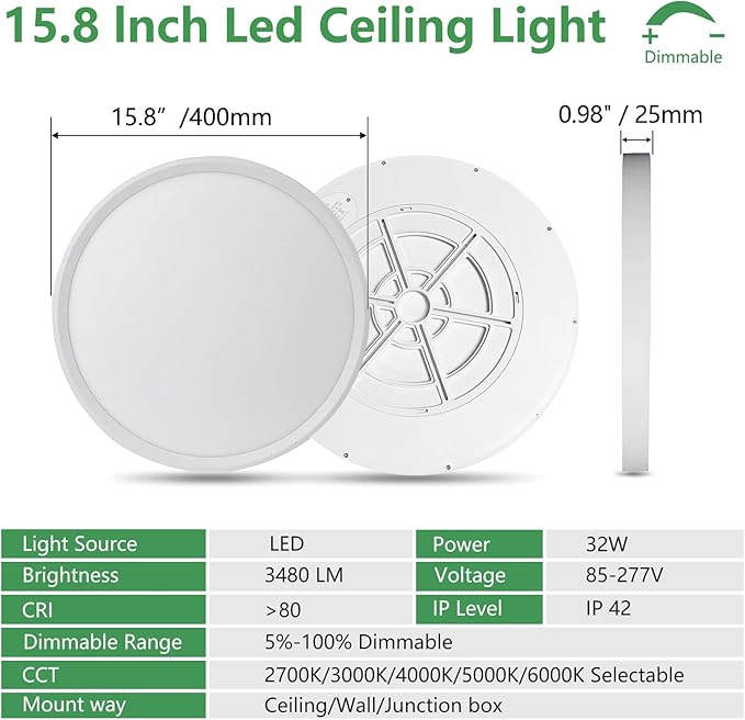 15.8 Inch Dimmable LED Flush Mount Ceiling Light, 32W, 3480LM, 3000K/3700K/4000K/5000K/6000K, Round Flat Panel Low Profile Ceiling Light Fitures for Hallway, Kitchen, Bedroom, 2PK White