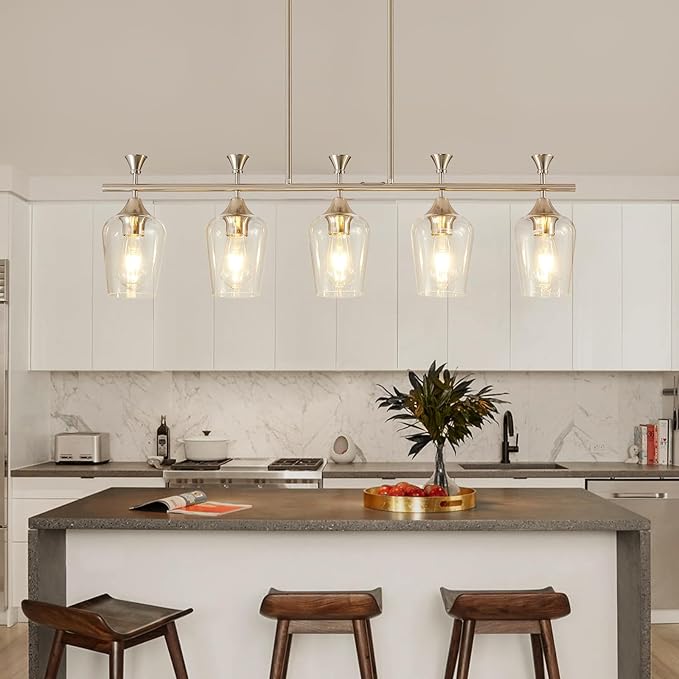 37" Dining Room Light Fixture/Chandelier Over Table, 5-Light Brushed Nickel Kitchen Island Lighting with Clear Glass Shade, Modern Hanging Pendant Lights Fixture for Kitchen Island, Dining Room, Bar