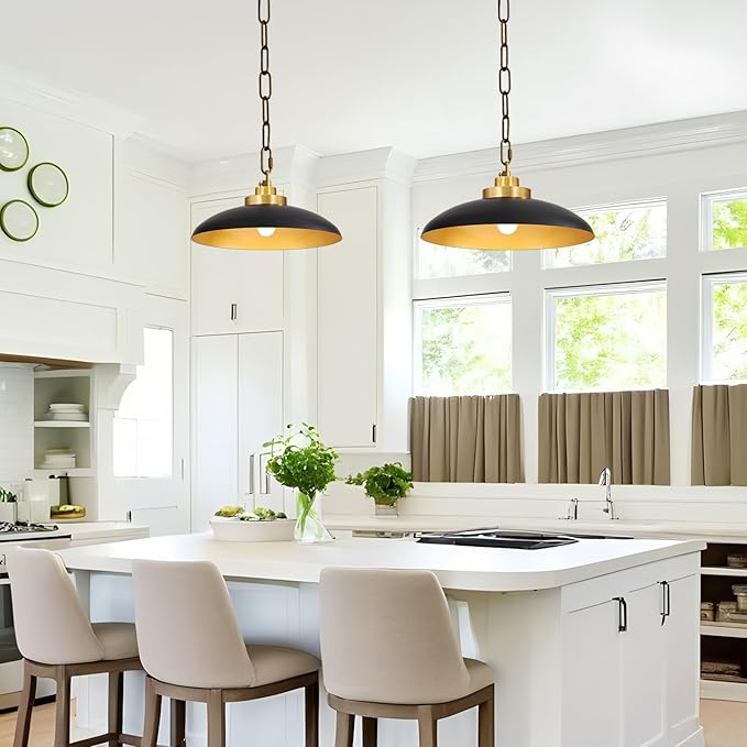 15.8 Inch Large Black and Gold Pendant Light, Industrial Pendant Lighting Fixtures, Vintage Dome Ceiling Hanging Lamp for Kitchen Island Dining Room