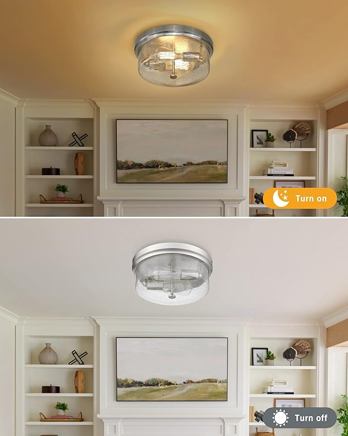 CALDION 12inch Flush Mount Ceiling Light, Close to Ceiling Light Fixtures, Brushed Nickel Finish with Handmade Seeded Smoky Art Glass Shade for Living Bedroom Room Hallway