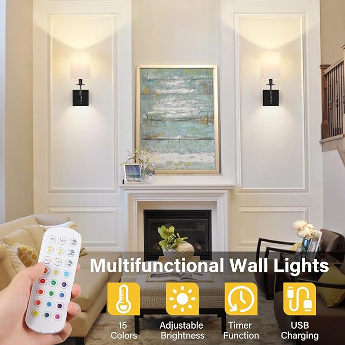 14.5 inch Battery Operated Wall Sconces Set of 2 with Remote, Rechargeable Wireless Wall Lights with Beige Fabric Shade, Indoor Not Hardwired Dimmable for Bedroom Living Room Decor