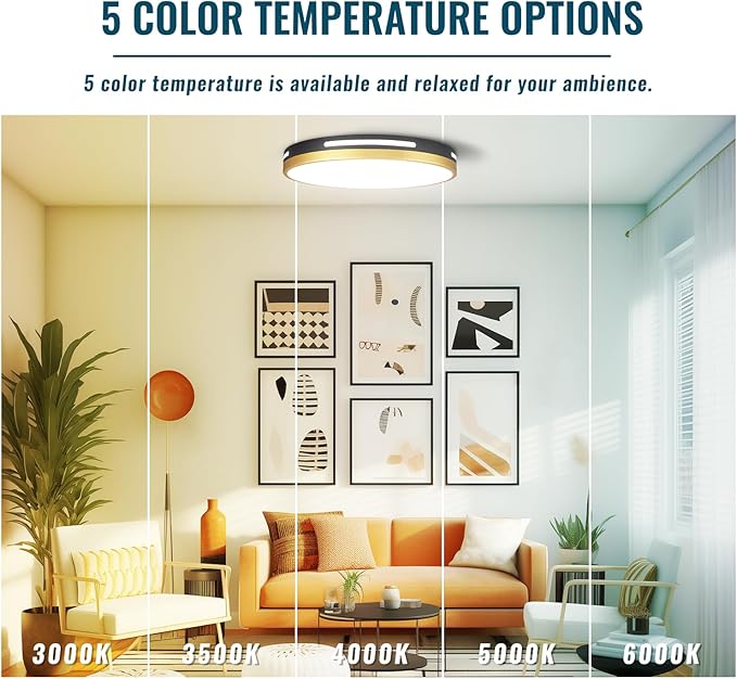 15 Inch LED Flush Mount Ceiling Light Fixture Black and Gold, 36W Dimmable Modern Kitchen, Bedroom, Bathroom, Living Room Lighting Fixture