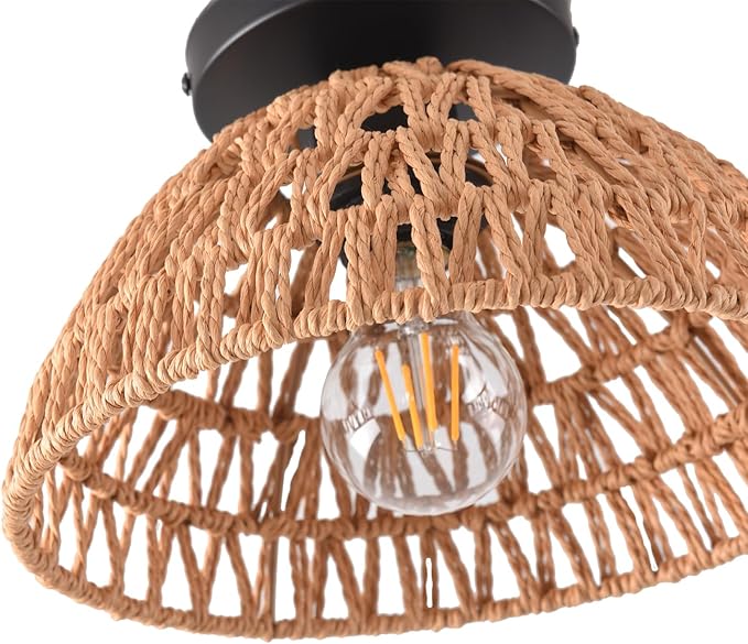 2 Pack 10.2" H Farmhouse Fixtures Ceiling Mount, Brown Rattan Boho Semi Flush Mount Ceiling Light,Hand Woven Hallway Light Fixtures for Bedroom Entryway