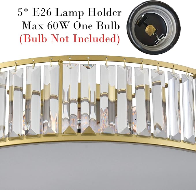 Modern 5-Light Gold Flush Mount Ceiling Light Crystal Glass Ceiling Lighting 20-Inch Luxury Crystal Light Fixtures for Bedroom Hallway Living Room