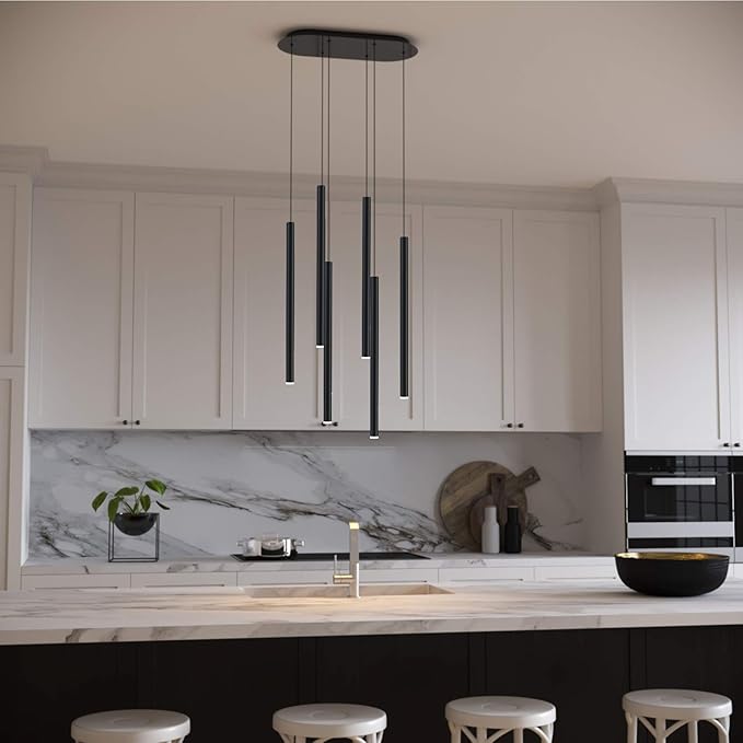 CANALIS 6 Mini Pendant Lighting Black - LED Hanging Light Fixture for Kitchen Island, Bar, Foyer - Cluster Pendants - Dimmable, Adjustable Wire, Lamp Bulb Included