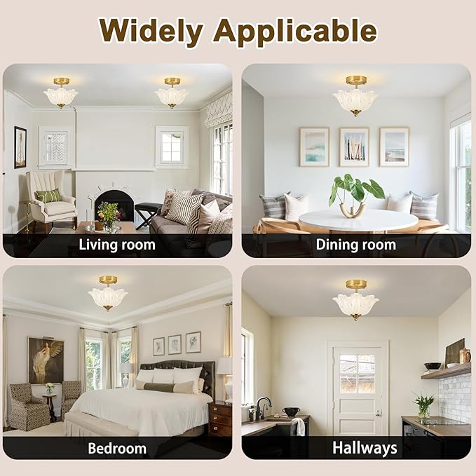 Semi Flush Mount Ceiling Light, Gold Vintage Light fixtures with Floral White Glass Shade, Modern Close-to-Ceiling Lighting for Bedroom Kitchen Living Room Hallway