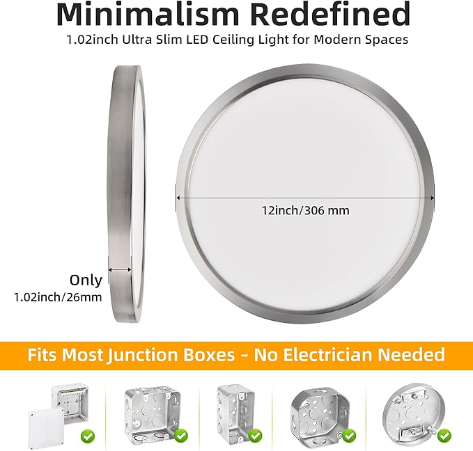 Hlite 6pack 12 inch Flush Mount LED Ceiling Light Fixture,24W 2400LM Super Slim Light Fixtures Ceiling Mount 3000K/4000K/5000K 3CCT Selectable,Light Fixtures for Kitchen,Bedroom (Nickel)
