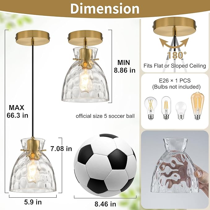 Black Gold Pendant Lights Kitchen Island 2 Pack, 5.9" Small Mini Brushed Brass Hammered Glass Pendant Light Fixtures, Modern Hanging Lights Kitchen Pendant Lighting over Sink Bathroom Dining Room