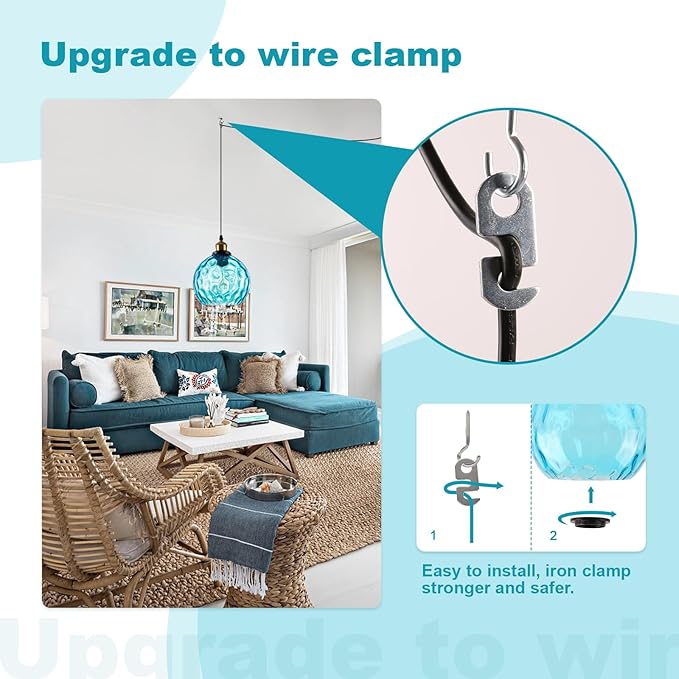 Blue Globe Glass Plug in Pendant Light Mid Century Modern Hanging Ceiling Light Fixture 14.75FT Black Plug in Chandelier Lighting for Bedroom Living Room Dining Room, Corner Light Fixtures