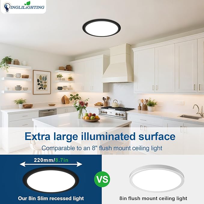 DLLT LED Recessed Ceiling Light: 6 Pack 4 Inch Black Slim Recessed Lighting for Kitchen - 5CCT Dimmable Canless Wafer Downlight for Living Room - 900LM Brightness 6W LED Can Lights for Bedroom ETL FCC