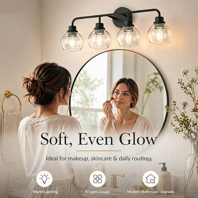 DORESshop Built to Last 20 Years Bathroom Light Fixtures, 4-Light Vanity Lights Over Mirror, Black Wall Lamp with Clear Glass for Living Room Decor Bedroom Porch Cabinet