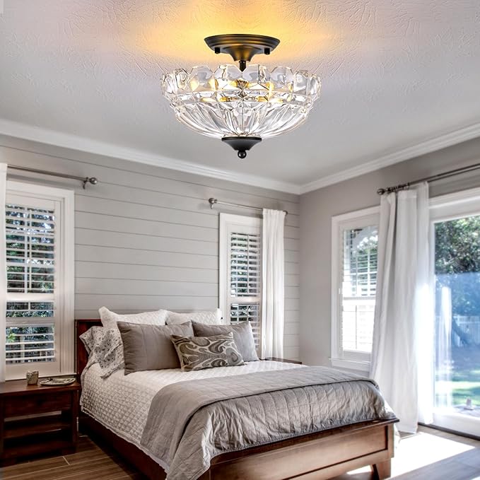 Semi Flush Mount Ceiling Light, 3-Light Kitchen Ceiling Lighting Fixtures with Clear Glass Lampshade, Black Modern Chandelier for Living Room Bedroom Hallway
