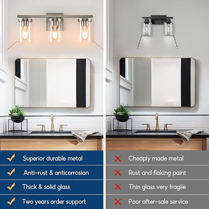 20in Bathroom Light Fixture Over Mirror, 3-Light Nickel Vanity Lights with Clear Glass Shades, Modern Wall Sconces for Living Room, Bedroom, Hallway, E26 Base