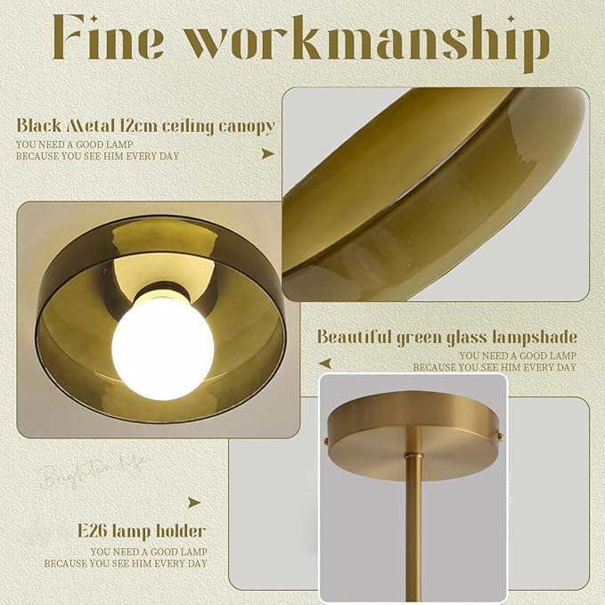 Green Semi Flush Mount Ceiling Light Modern Ceiling Lights 13.8″ Round Dome Glass Shade Mid Century Flush Mount Light Fixture Gold Brass Finish for Hallway Dining Room Overhead Light