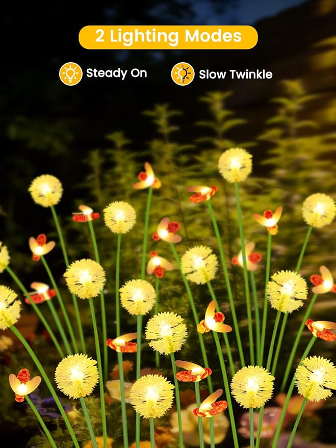 Solar Garden Lights Outdoor, 4 Pack 32 LED, Solar Swaying Dandelion Bee Lights Waterproof, Swaying Firefly Lights for Yard Pathway Lawn Patio Decorations, 2 modes (Steady on, Slow Twinkle), Warm White