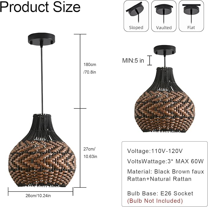 3-Pack Rattan Pendant Light 10.24" Hand-Woven Black Brown Fax Rattan Basket Chandelier Mini Boho Wicker Hanging Lamp for Dining Living Bedroom Kitchen Farmhouse