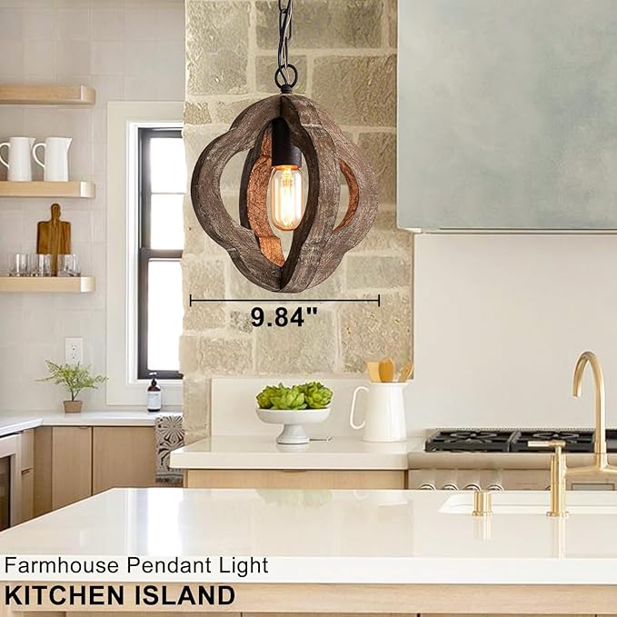 9.84" Modern Farmhouse Wood Pendant Lights Kitchen Island Small Orb Distressed Oak Pendant Light Rustic Ceiling Hanging Light for Kitchen Over Sink Hallway Entryway Foyer Adjustable Chain E26