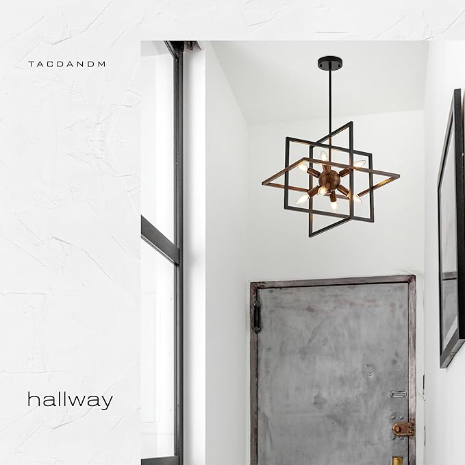8-Light Farmhouse Sputnik Wood Pendant Light, 18.9'' Vintage Rustic Brown Wood Chandeliers,Retro Industrial Hanging Light Fixtures for Dining Room