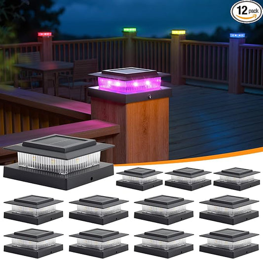 APONUO 12 Pack Solar Post Cap Lights Color Changing - 8 Solid Colors & Flowing Multicolor, IP65 Waterproof for 4x4 Wood/Vinyl Posts, Auto On/Off Deck Fence Patio Garden Lighting, Black
