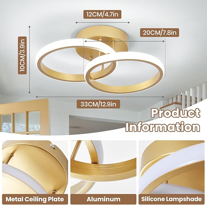 CANEOE Round Modern Led Ceiling Light Fixtures, 6000K Cool White Hallway Light Fixtures Ceiling, Bathroom Close to Ceiling Lights for Corridor Stair Aisle Lamps (Gold, 1 Pack)