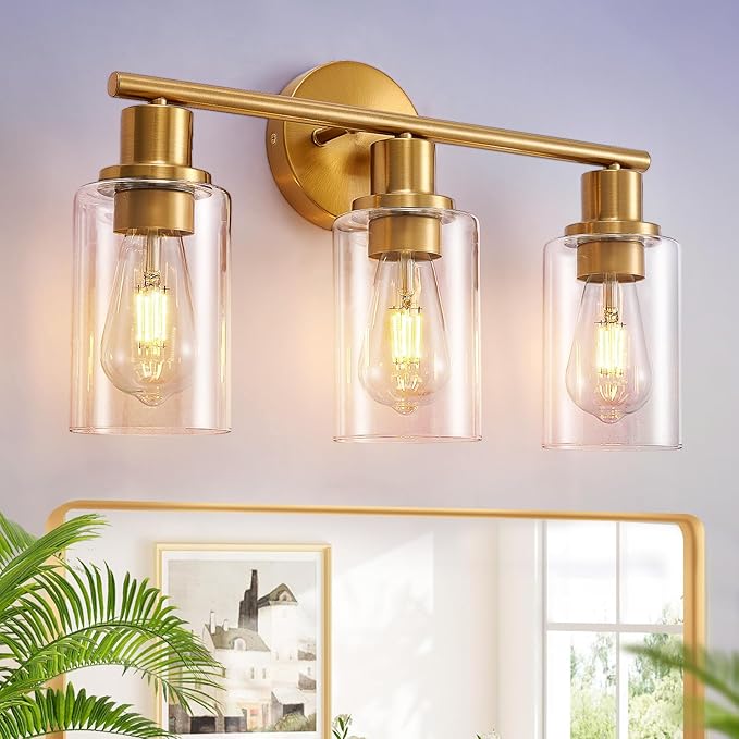 DLLT 3-Light Bathroom Light Fixtures: Gold Modern Vanity Wall Lights with E26 Bulbs - Clear Glass Shade Bathroom Wall Lamp for Mirror Kitchen Living Room Hallway Cabinet Porch