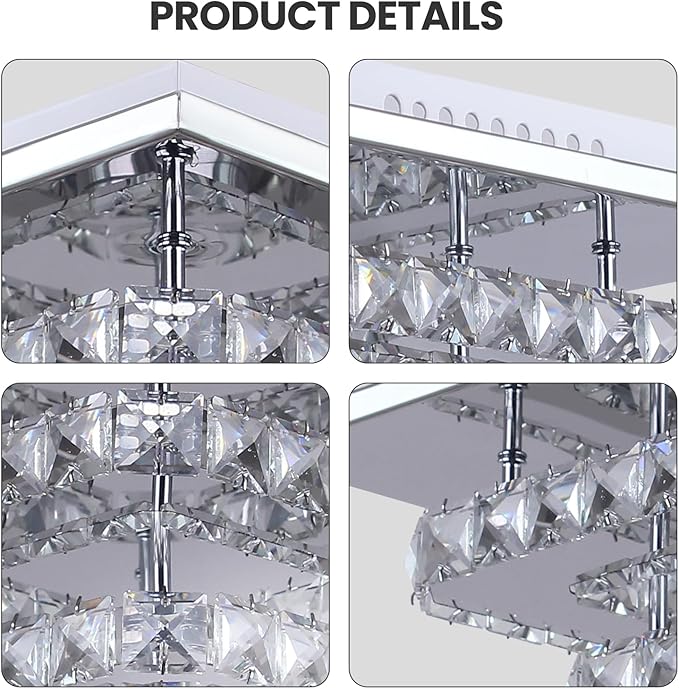 FRIXCHUR Dimmable Crystal Chandelier Ceiling Light with Remote Square Led Flush Mount Small Chandelier for Dining Room Kitchen Wedding Hallway Foyer,9.8"