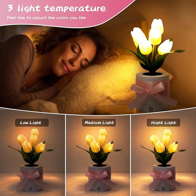 2 Sets Tulip Flower LED Lamp for Women Mothers Day Birthday Gifts for Mom, Wife Rechargeable Touch Desk LED Night Light 3-color Dimming with Card, Ribbon, Boxes for Table Centerpiece Decor
