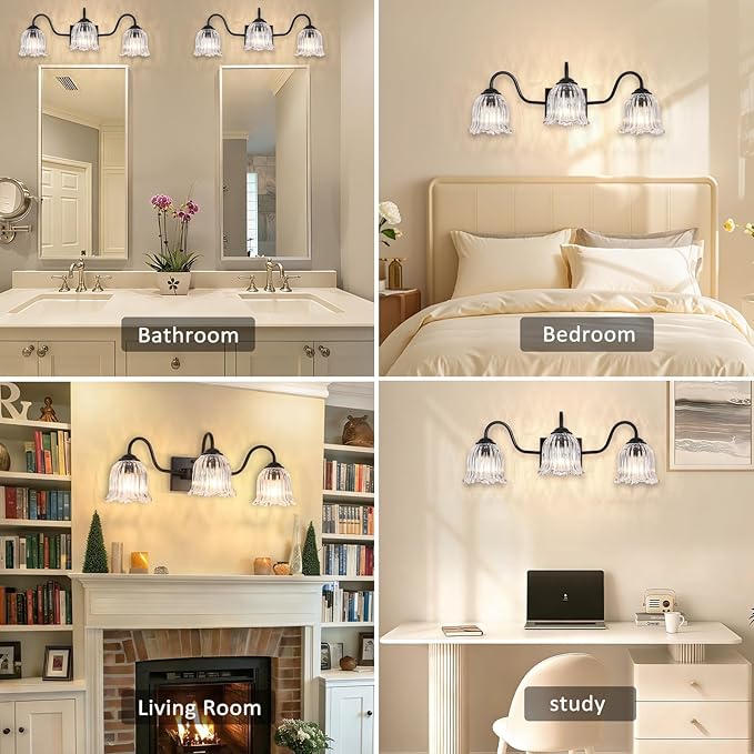 Vintage Bathroom Light Fixture, Black 3-Light Vanity Light Fixtures with Crystal Glass Shades, Matte Vanity Lighting Fixture Modern Wall Sconces for Bedroom Dressing Room Living Room